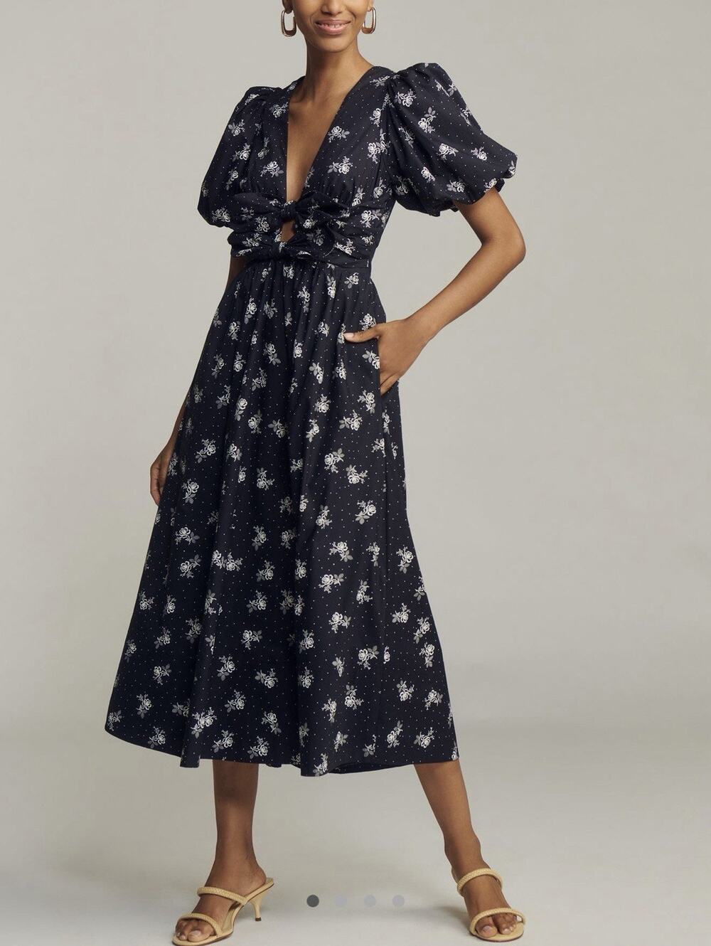 NWT Lovaan Devon Bow Midi Dress Puff Sleeve Vintage Rose US 8